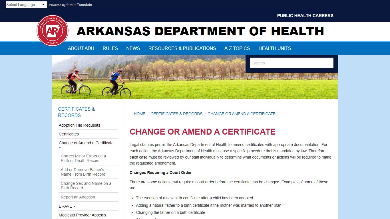 Change or Amend a Certificate Arkansas Department of Health